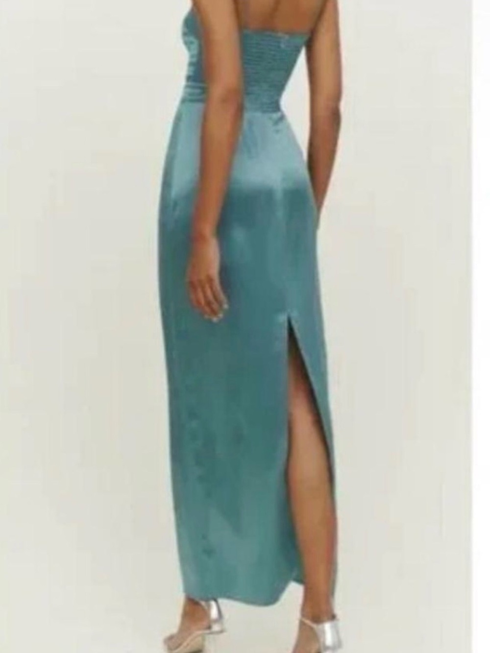 LULA KATE Strapless BRIDESMAIDS sage color satin Dress with back Slit size 2